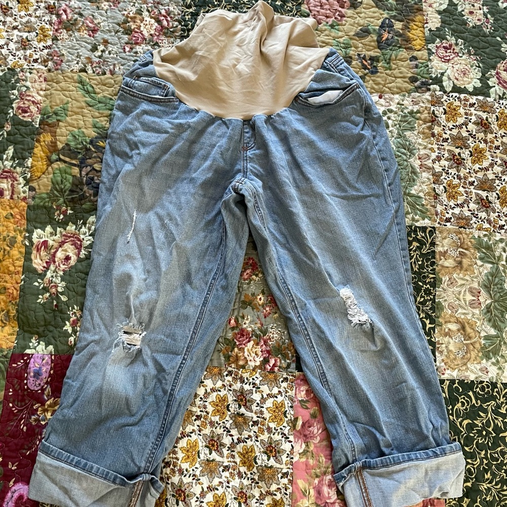 Maternity Indigo Blue Women's Ripped Jeans with Tan Waistband